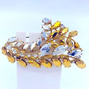 1950s W. Germany Vintage Brooch With Metallic Gold, Silver And Clear Rhinestones